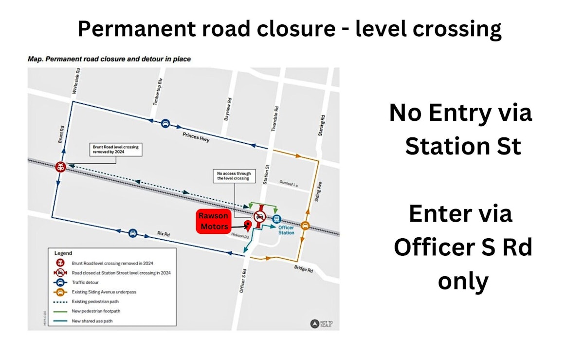 Permanent Road Closure Map - Enter via Officer S Rd Only to visit Rawson Motors